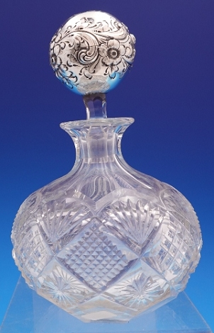 Perfume Bottle #105A with cut glass and sterling chased flowers and scrollwork, some small chips 6